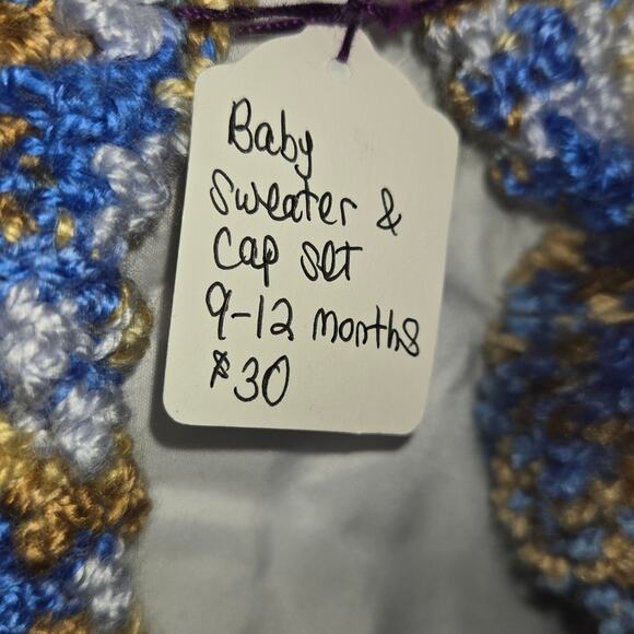 Hand Crochet Baby Sweater & Hat Set 9-12 Month Dog Buttons Poodle Hound Blue New - Picture 2 of 13
